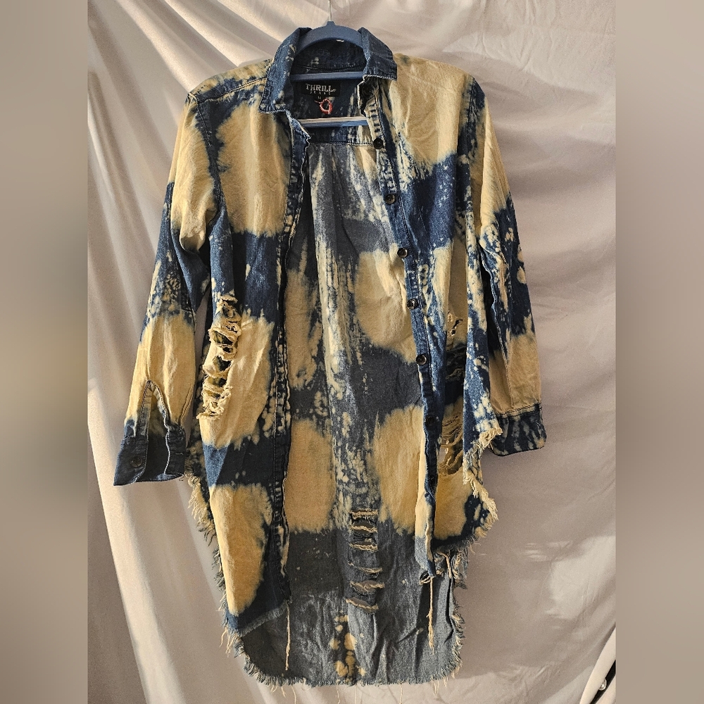 Thrill Jeans Womens Distressed Button Down Denim Shirt High Low Top Size Medium